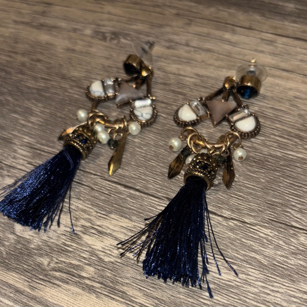Elegant Gold and Blue Tassel Earrings
